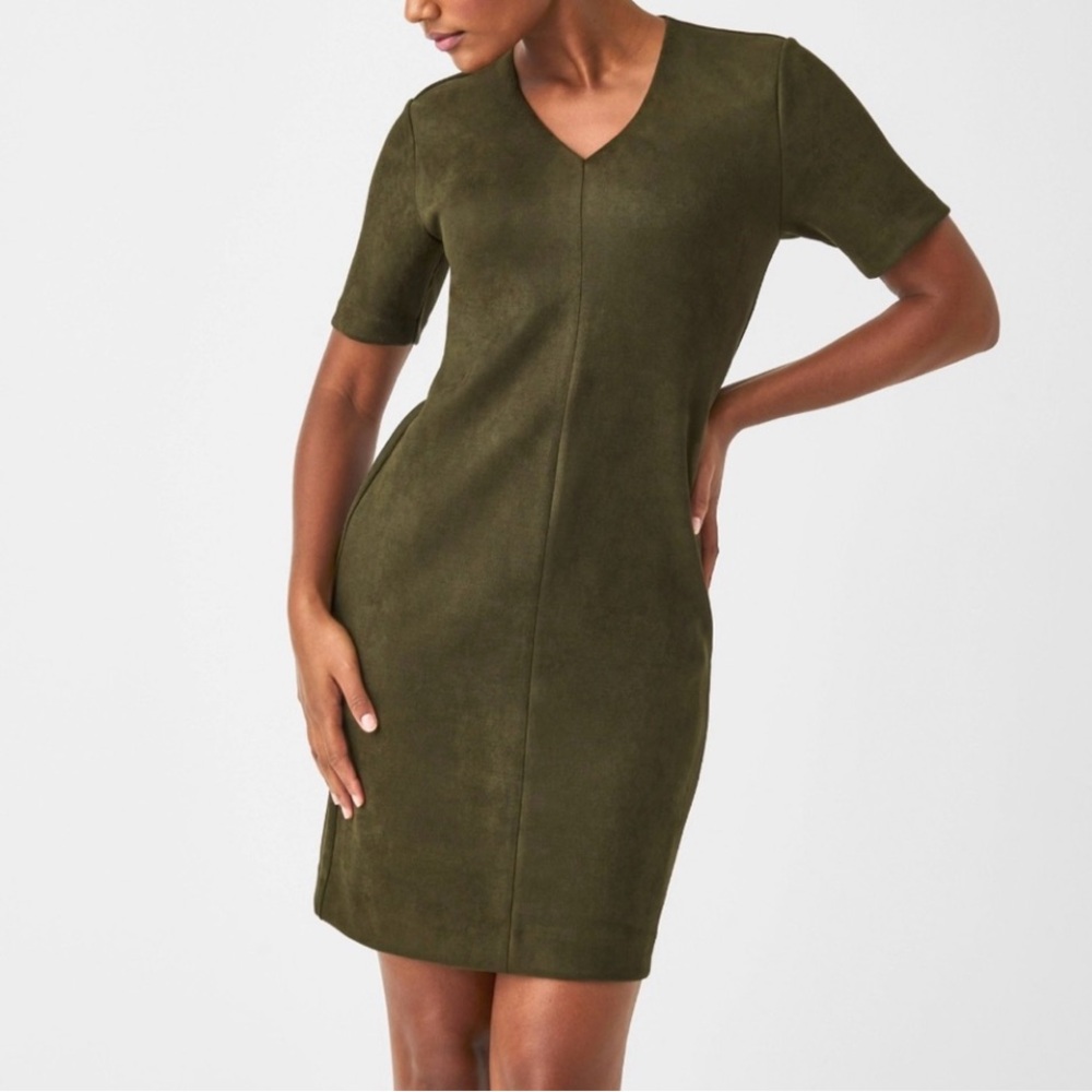 SPANX Olive V-Neck Faux Suede Dress